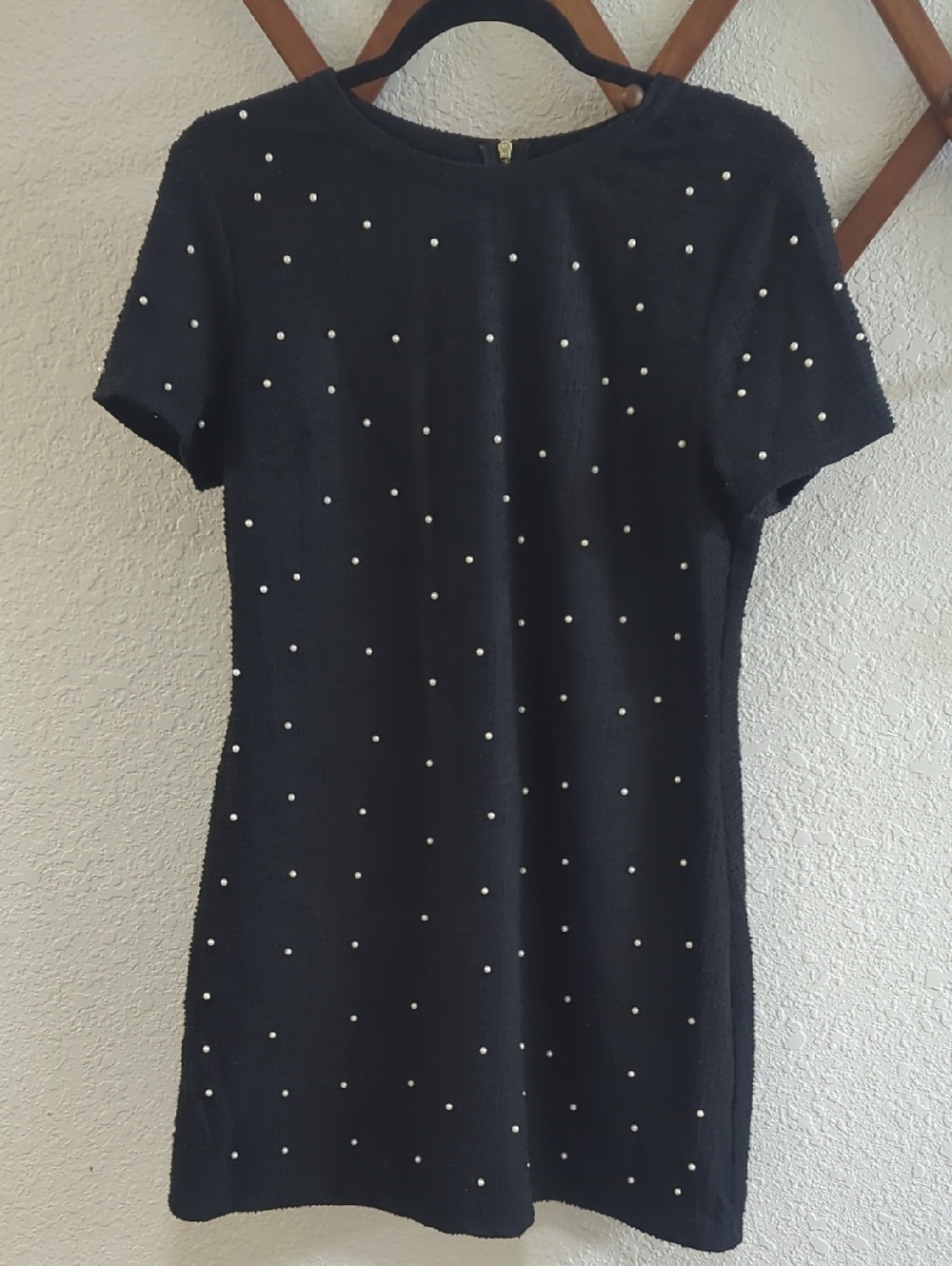 Black Short Sleeve Pearl-Embellished Knit Dress